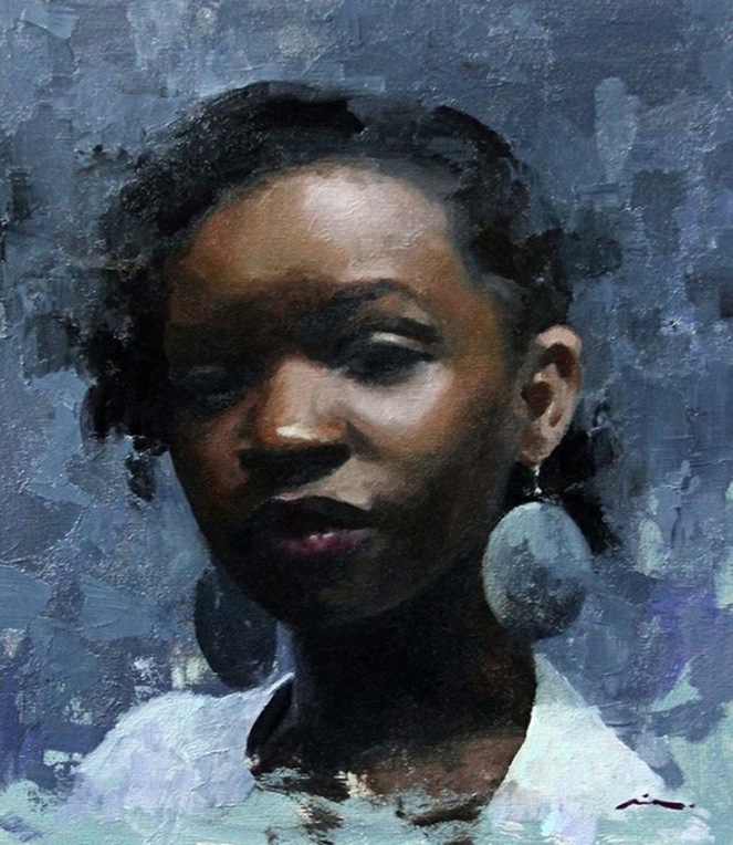 Artist: Mia Bergeron {contemporary figurative pretty young female girl head african american black woman face portrait painting Wow !!
